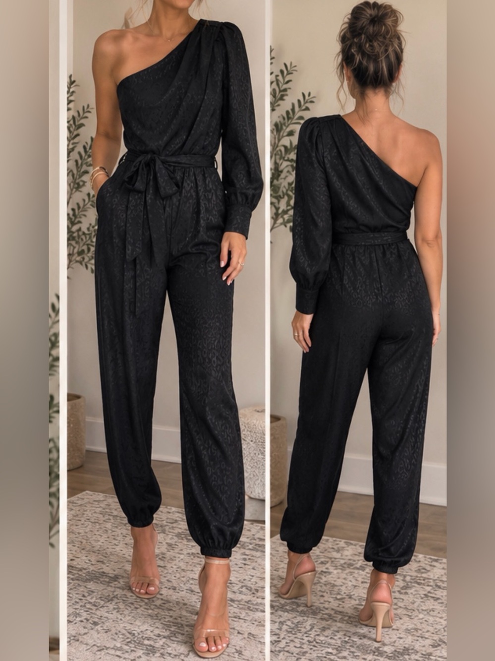 GB Black One-Shoulder Long Sleeve Jumpsuit Women’s S Evening Party